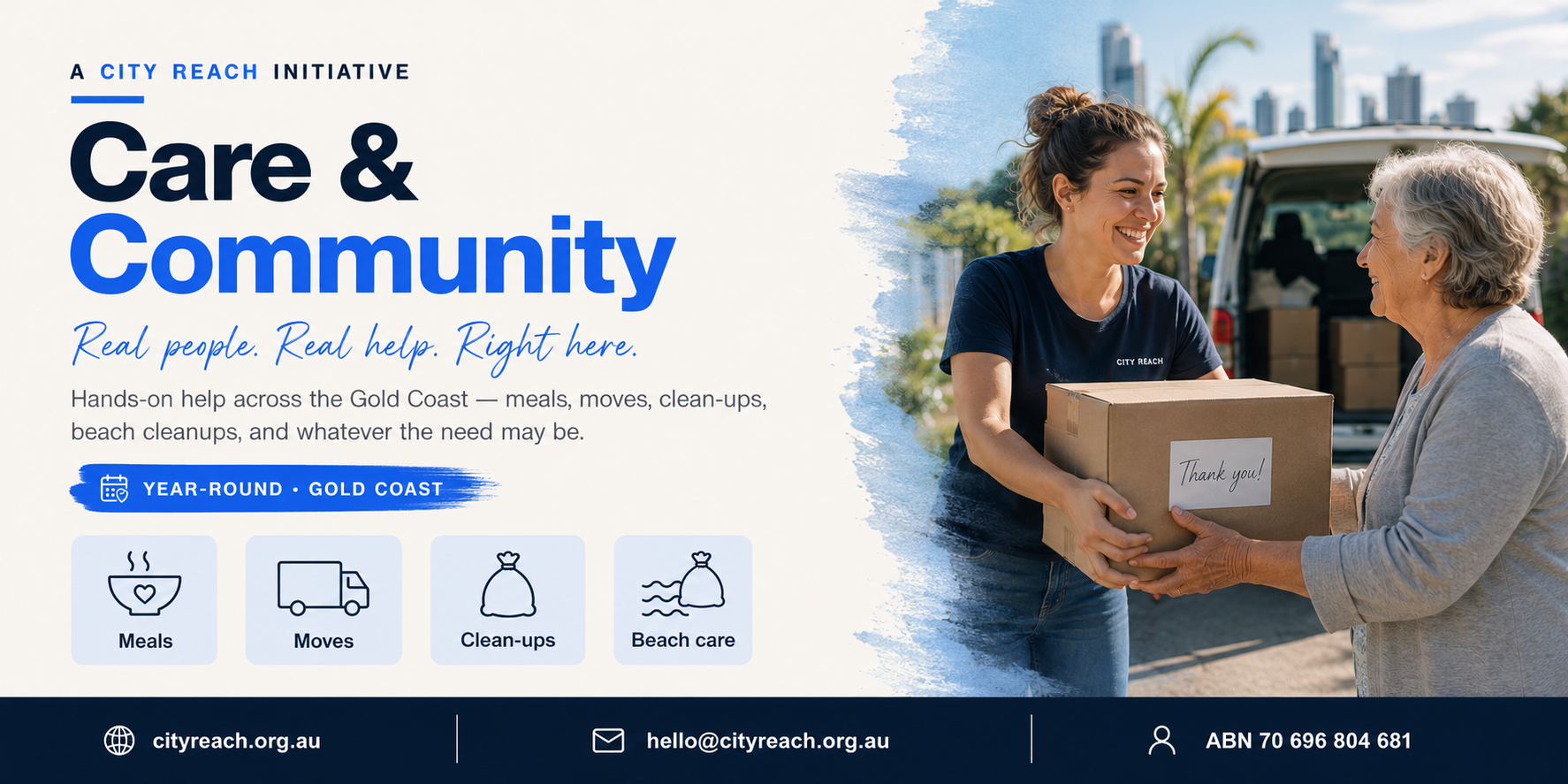 Care & Community — hands-on help across the Gold Coast. Meals, moves, clean-ups and beach care.