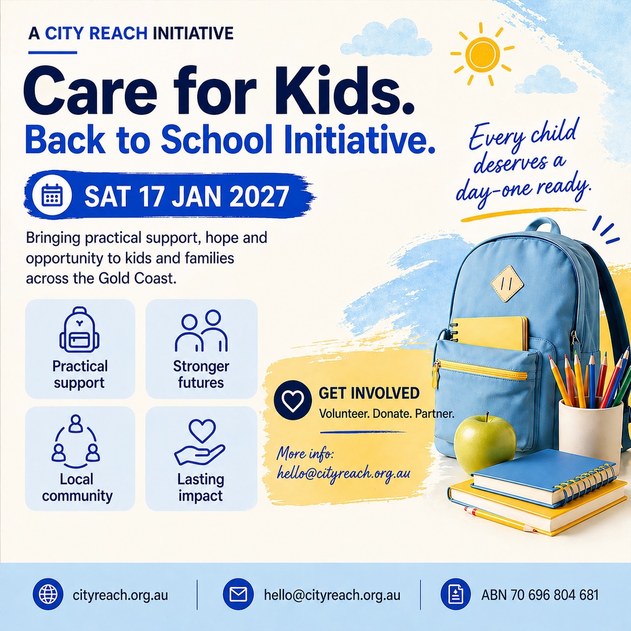 Care4Kids — Back to School Initiative. Saturday 17 January 2027. A City Reach initiative bringing practical support, hope and opportunity to kids and families across the Gold Coast.